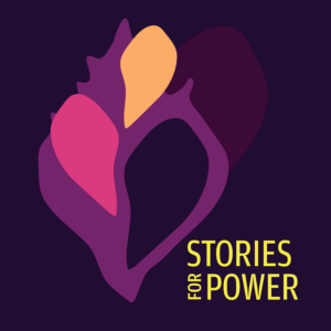 A block multicolor design shaped like a conch shell with yellow letters that say Stories for Power